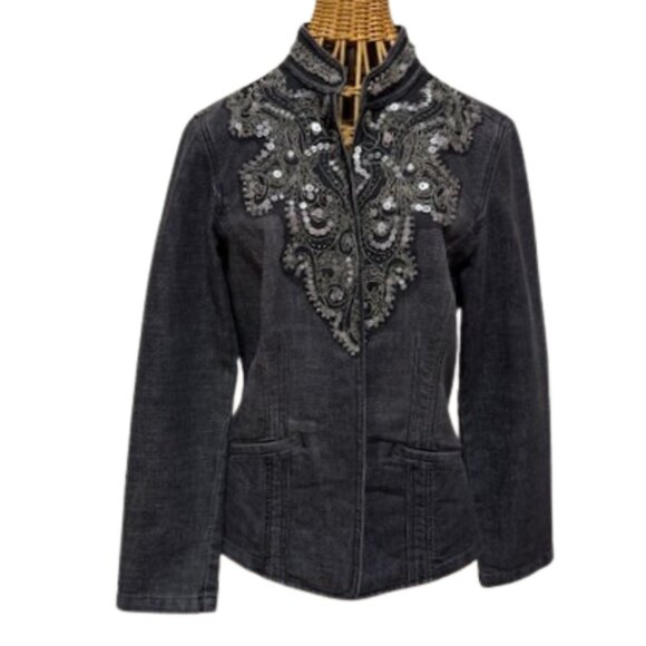 Chico's sequined charcoal gray denim fitted jacket. Size 0. - Picture 1 of 8